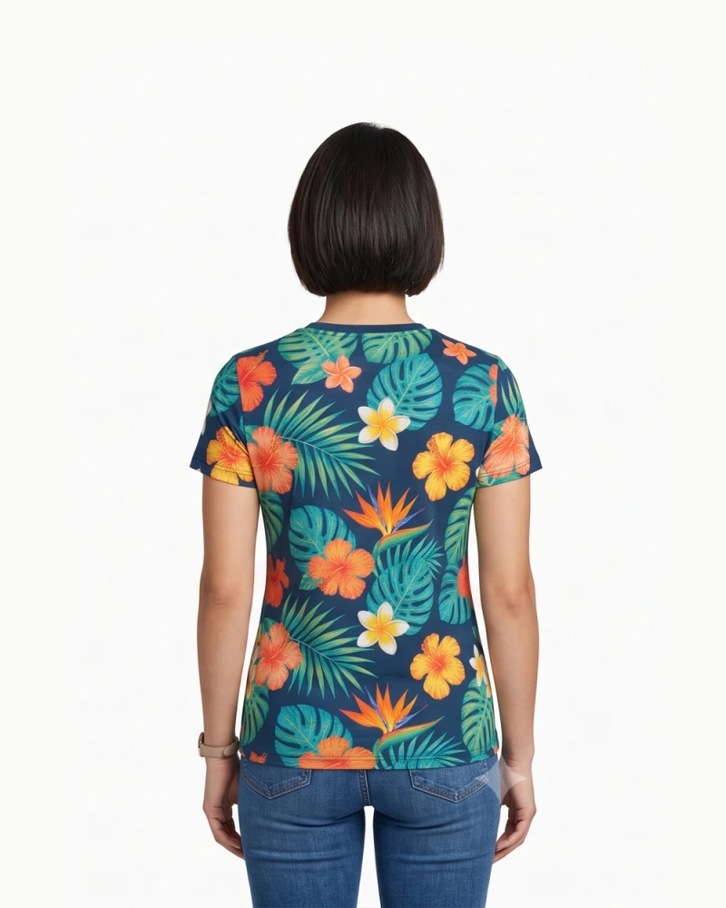 Women’s Tropical Floral T-Shirt – Navy Blue Hawaiian Print (Tropical Floral)