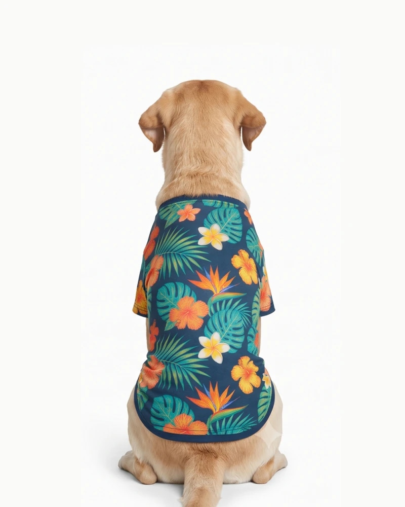 Tropical Floral Dog T-Shirt – Navy Blue Printed Pet Wear (Tropical Floral)