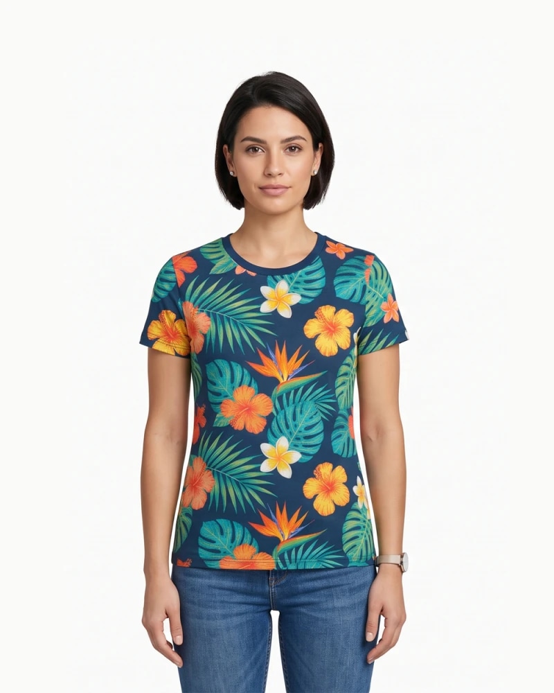 Women’s Tropical Floral T-Shirt – Navy Blue Hawaiian Print (Tropical Floral)