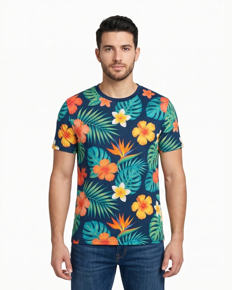 Men’s Tropical Floral T-Shirt – Navy Blue Hawaiian Print (Tropical Floral)