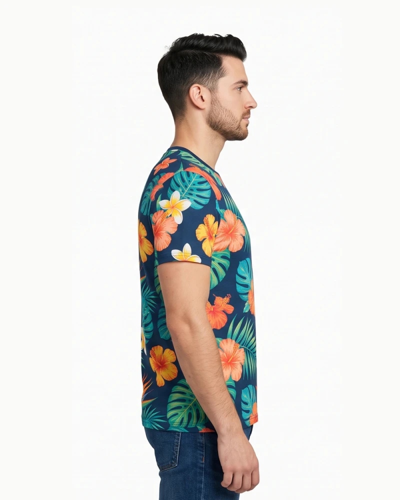 Men’s Tropical Floral T-Shirt – Navy Blue Hawaiian Print (Tropical Floral)