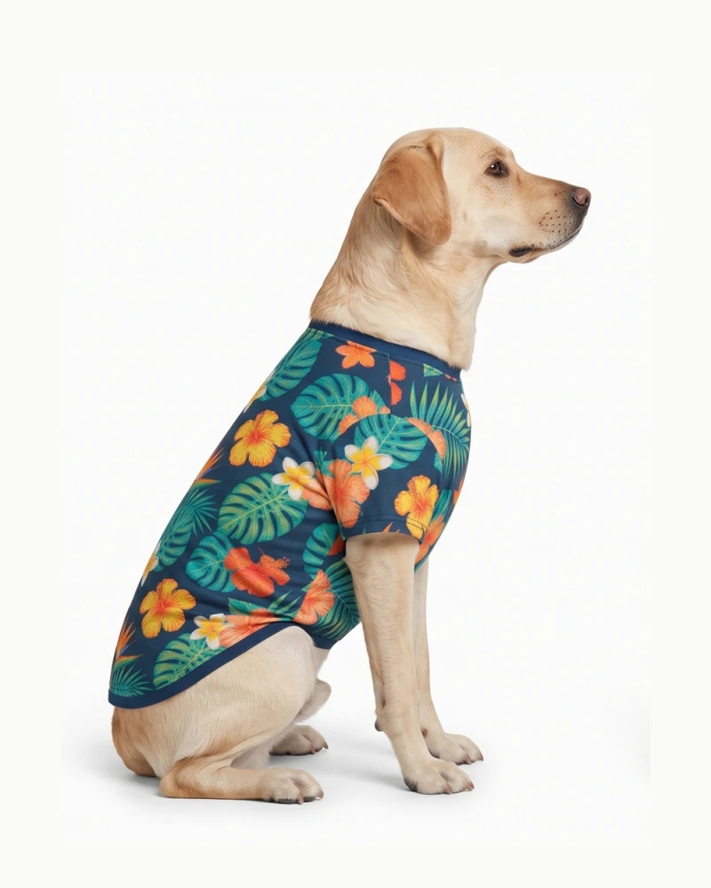 Tropical Floral Dog T-Shirt – Navy Blue Printed Pet Wear (Tropical Floral)