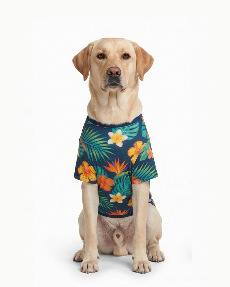 Tropical Floral Dog T-Shirt – Navy Blue Printed Pet Wear