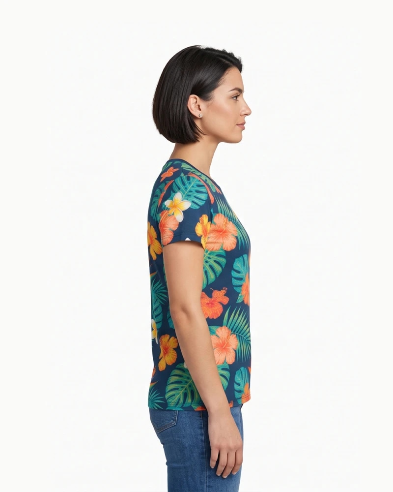 Women’s Tropical Floral T-Shirt – Navy Blue Hawaiian Print