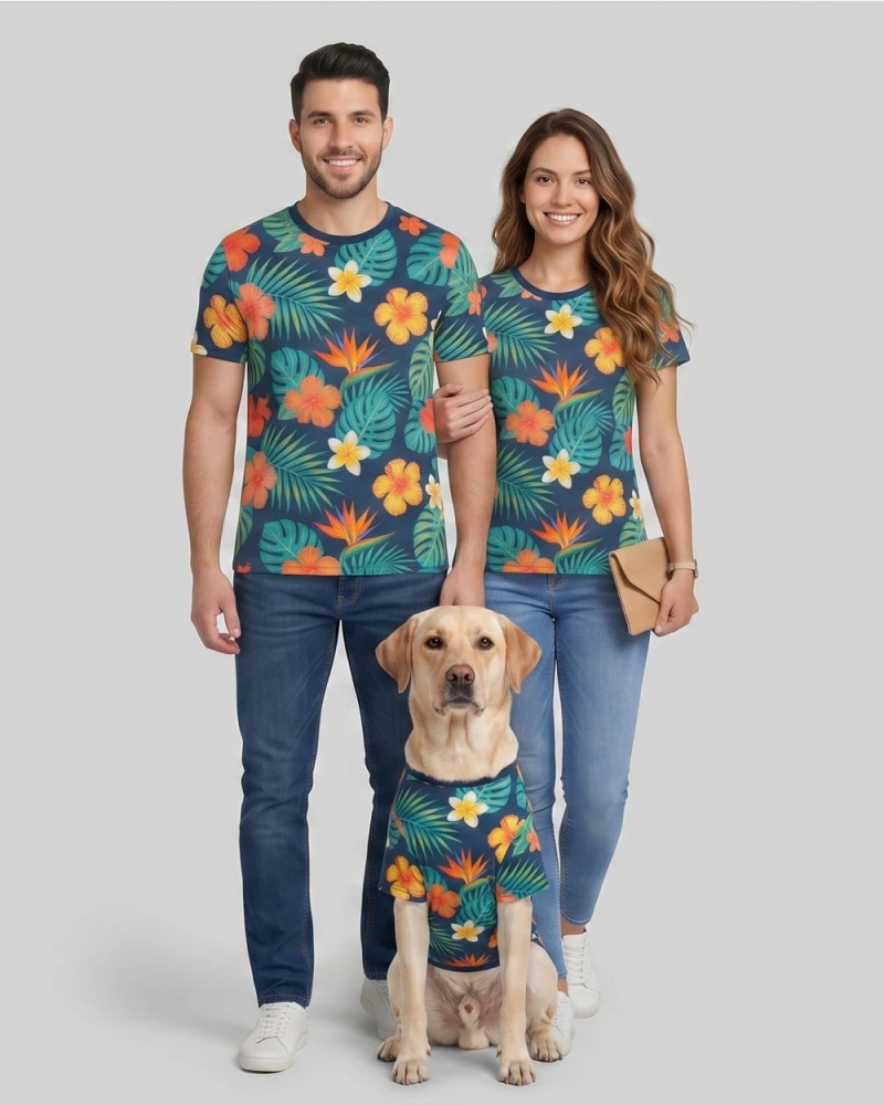 Tropical Floral Matching Combo – Men’s T-Shirt, Women’s T-Shirt & Dog T-Shirt