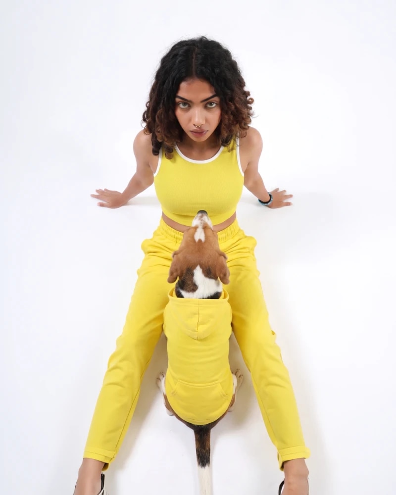 Yellow Matching Combo – Women’s Crop Top & Cargo Jogger Set with Dog Hoodie