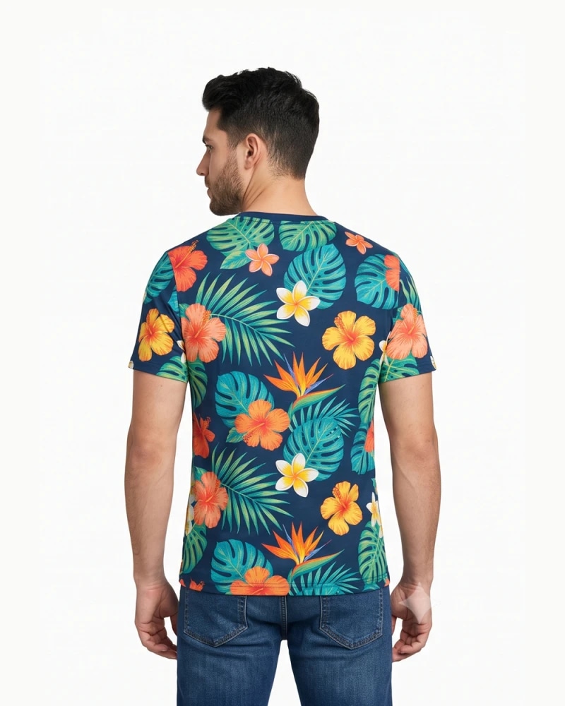 Men’s Tropical Floral T-Shirt – Navy Blue Hawaiian Print